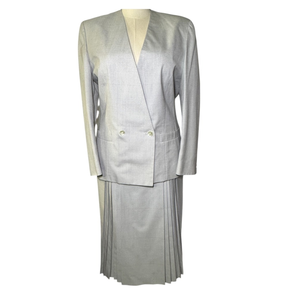 Vintage Corporate Woman Gray Glen Plaid Skirt Suit Set‎ Collarless Blazer Sz 14